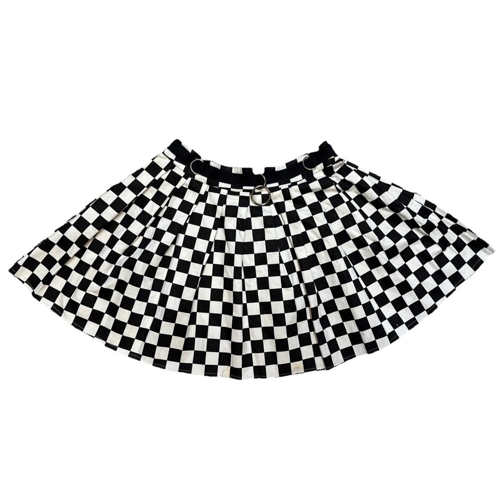 Current Mood Goth Pleated Plaid Raw Hem Mini Skirt Women's Medium White‎ Black